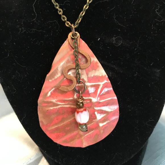 Hammered Copper Pendant with Beads Chain is 18 Inches Long - Picture 2 of 4